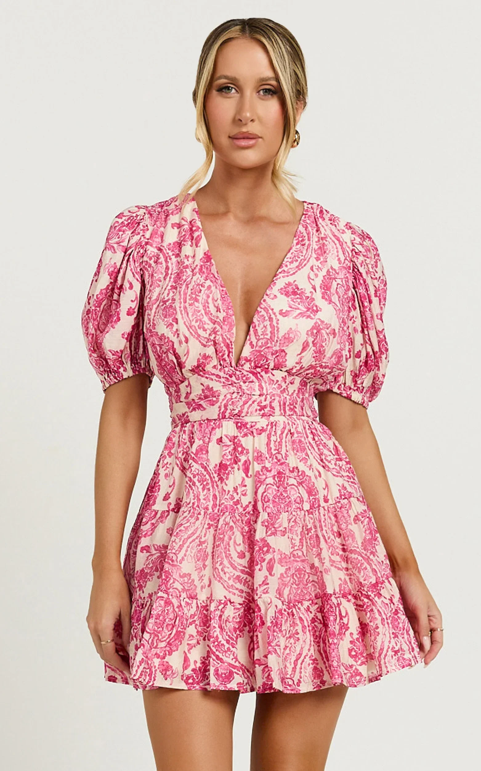 Adea Mini Dress Plunge Puff Sleeve Tiered Dress in Pink Floral - luluinthesky