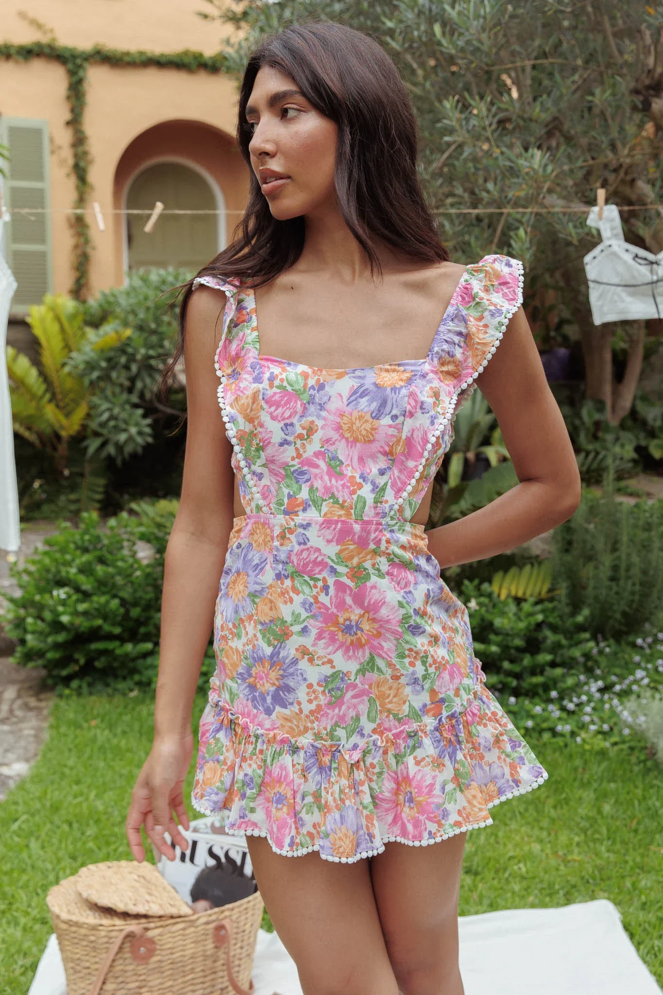 Porcia Tied Back Frill Dress White Multi - luluinthesky