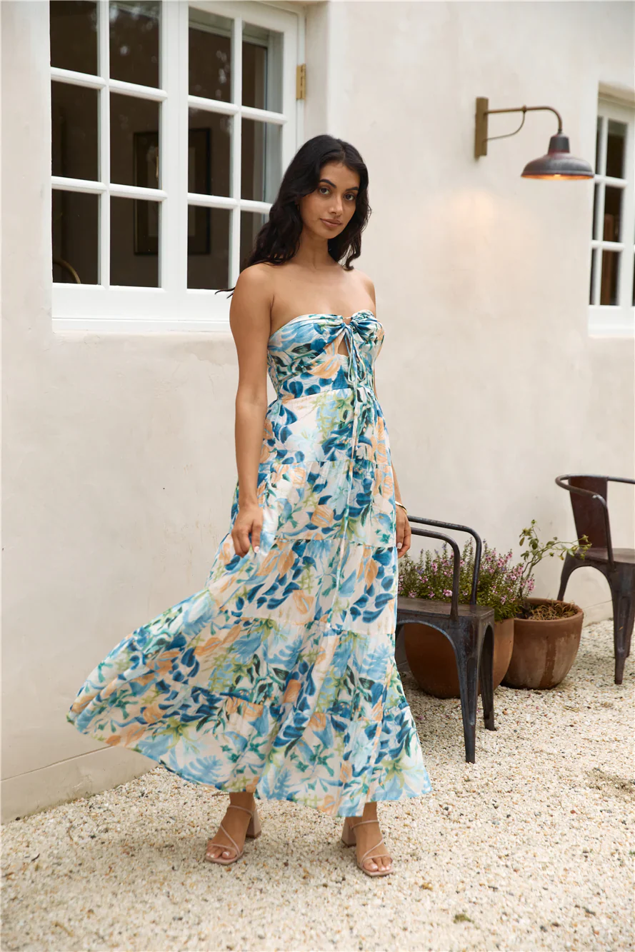 Rainforest Oasis Strapless Maxi Dress Blue - luluinthesky