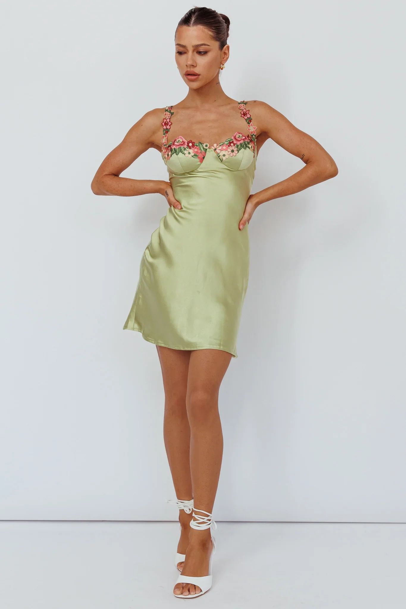 Rose Garden Floral Applique Mini Dress Lime - luluinthesky