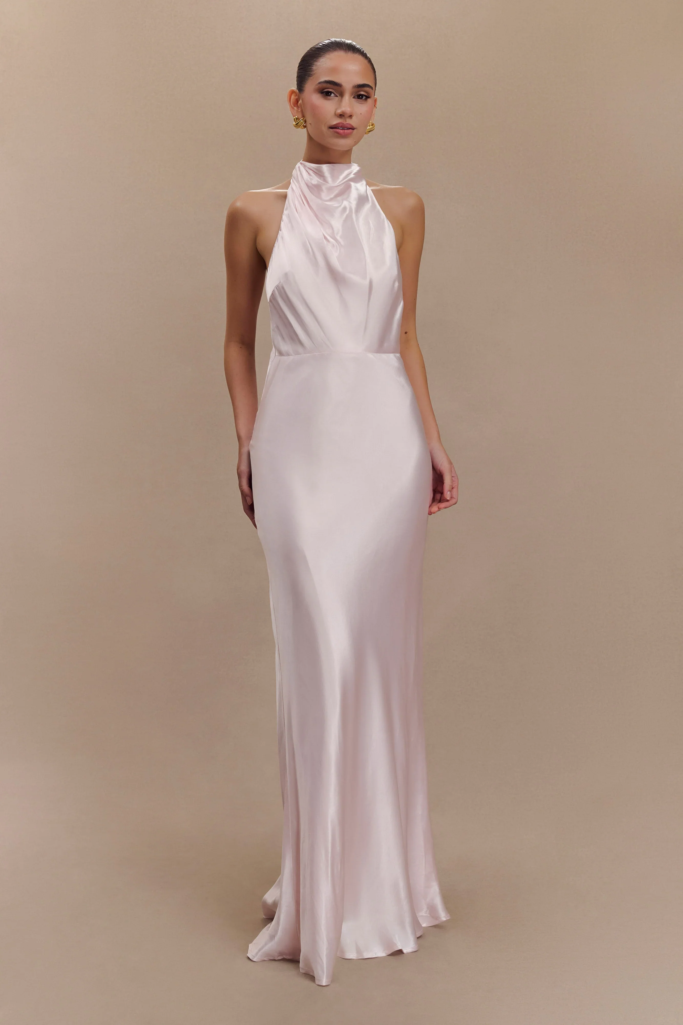 Esther Iridescent Satin Cowl Maxi Dress - Pale Pink - luluinthesky