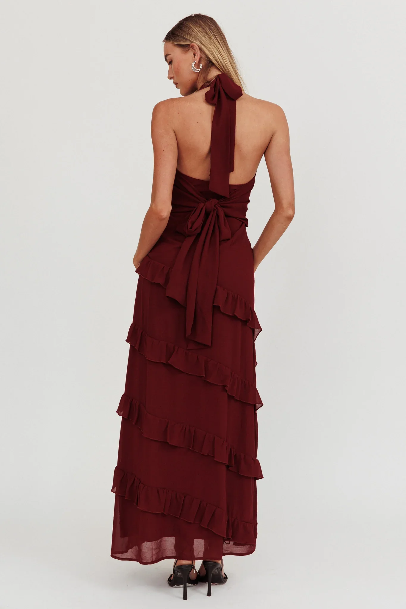 Flirt Frill Trim Halter Maxi Dress Wine - luluinthesky