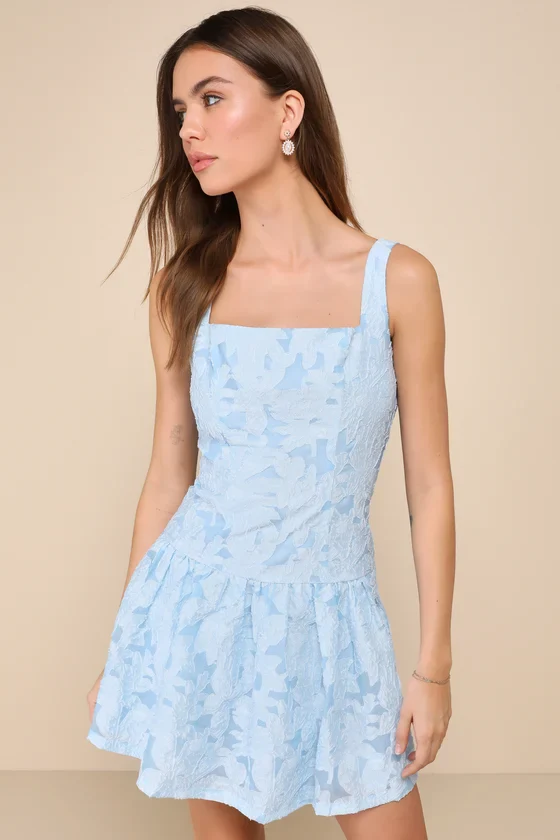 Exuberant Elegance Light Blue Jacquard Drop Waist Mini Dress - luluinthesky