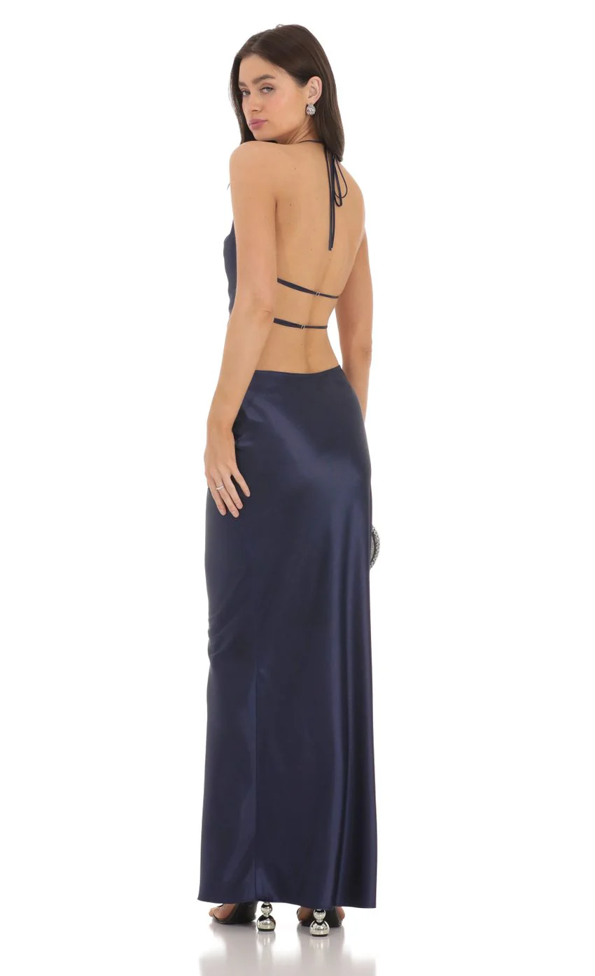 Satin Slip Two Piece Set in Navy - luluinthesky