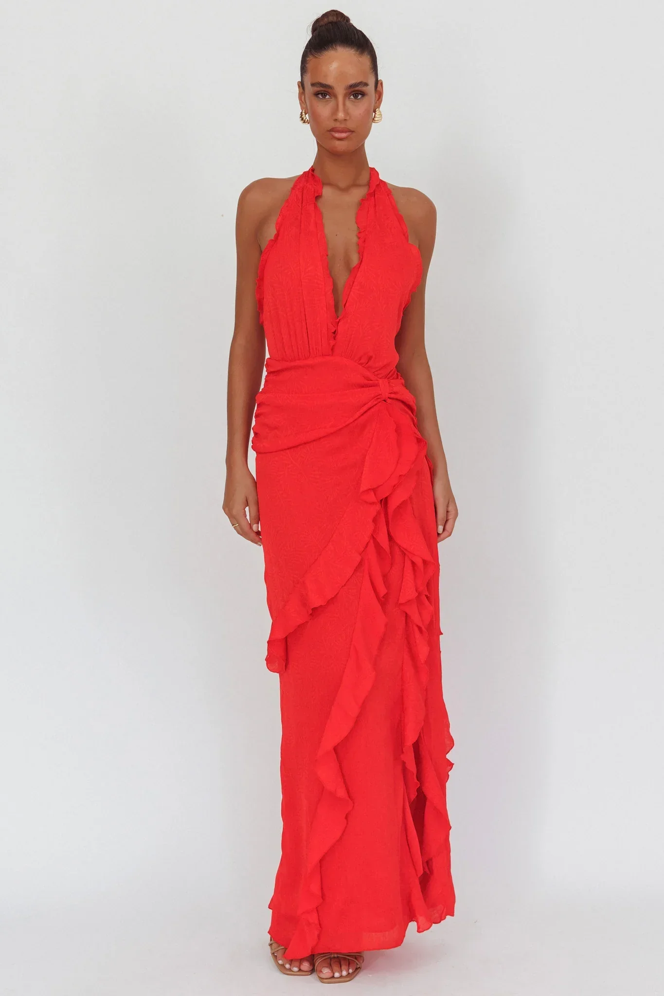 Libre Plunging Halter Ruffle Maxi Dress Red - luluinthesky