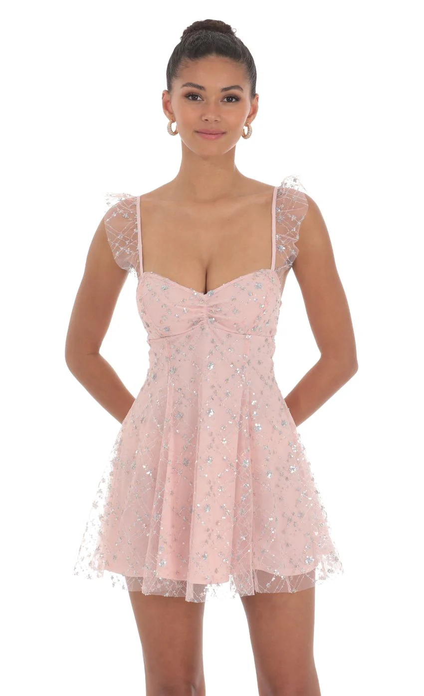 Sequin Glitter Fit and Flare Dress in Pink - luluinthesky