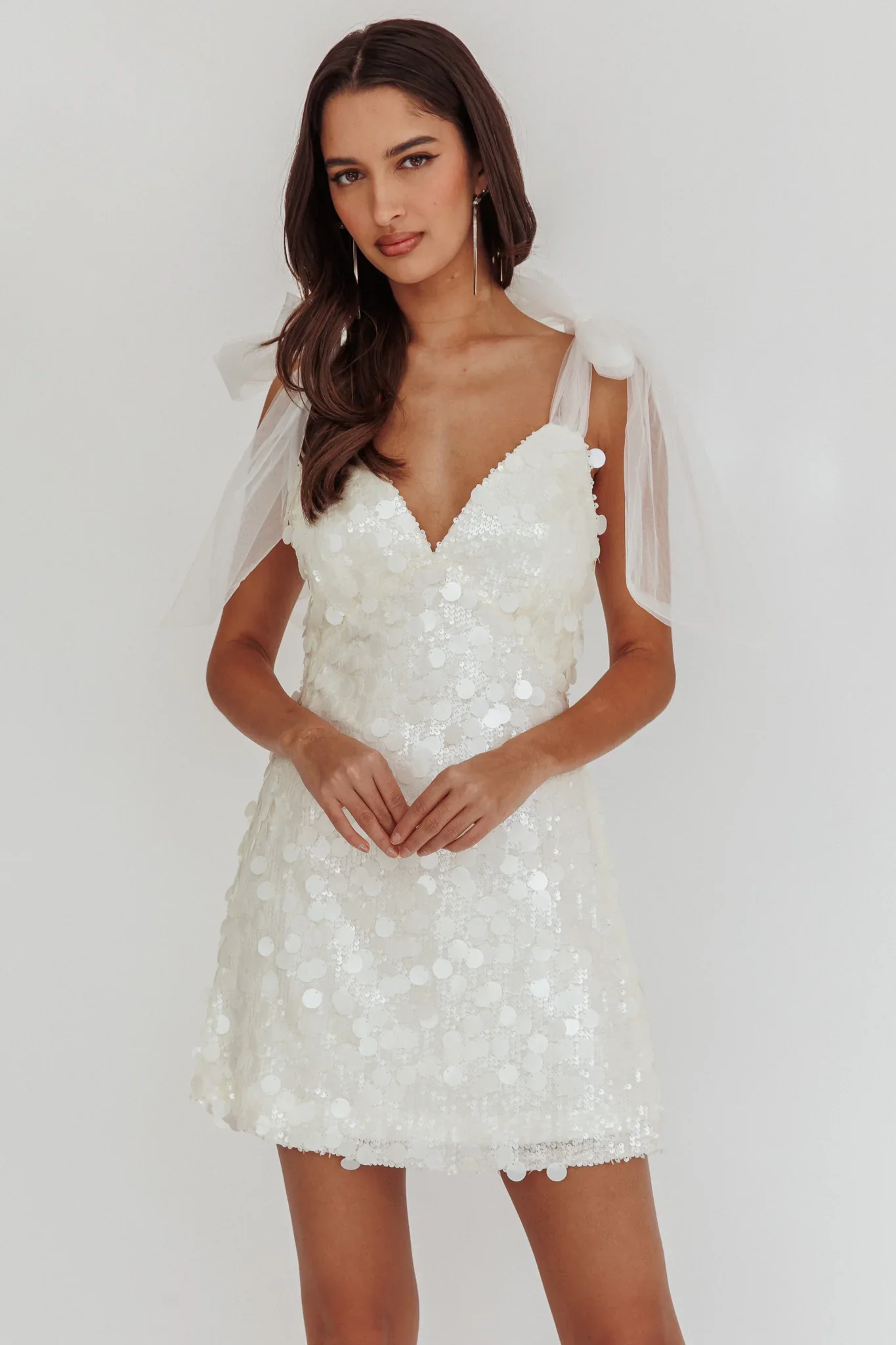 Mykonos Morning Tied Shoulder Sequin Mini Dress White - luluinthesky