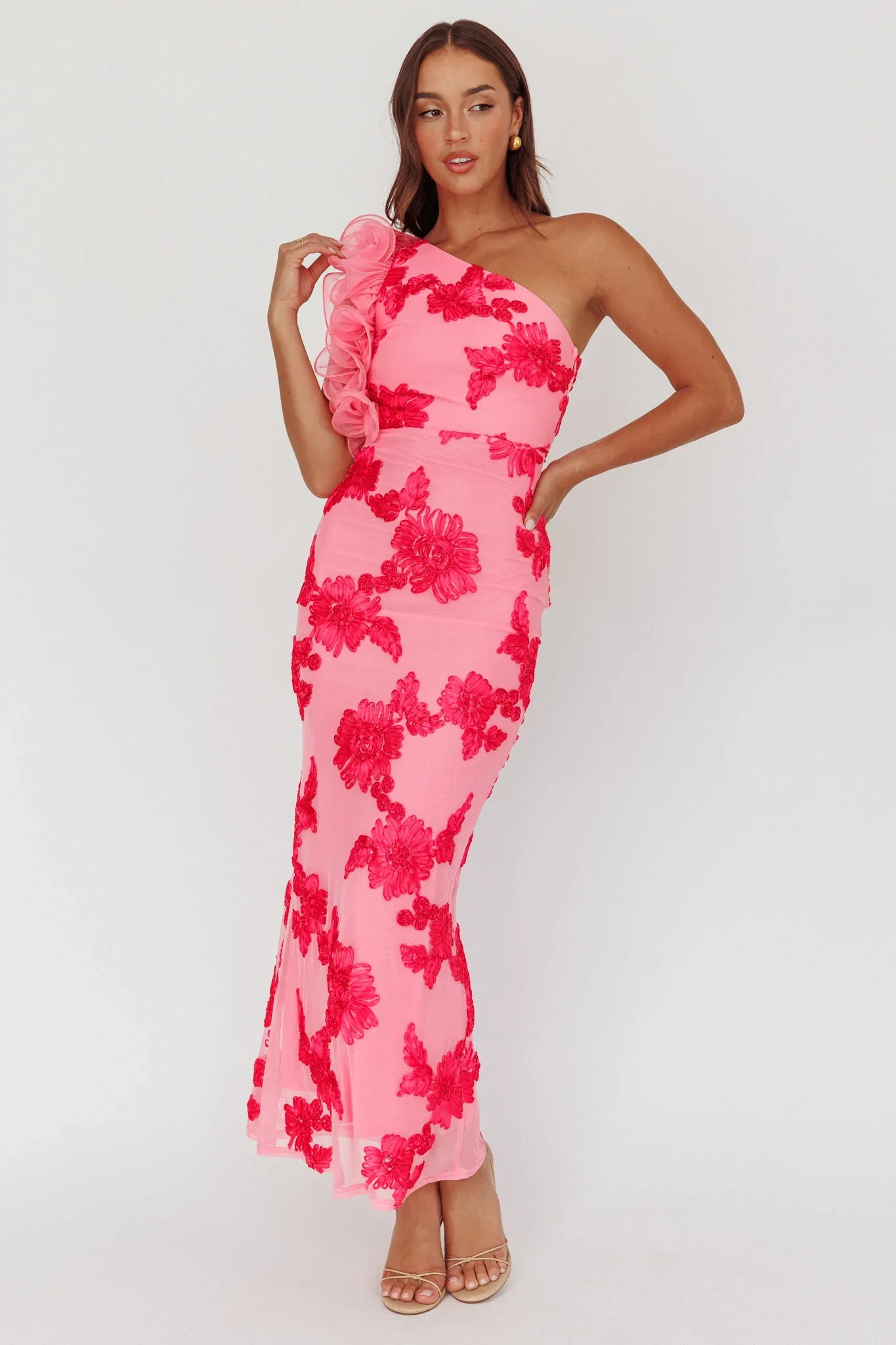 Deanna One-Shoulder Ruffle Maxi Dress Floral Pink - luluinthesky