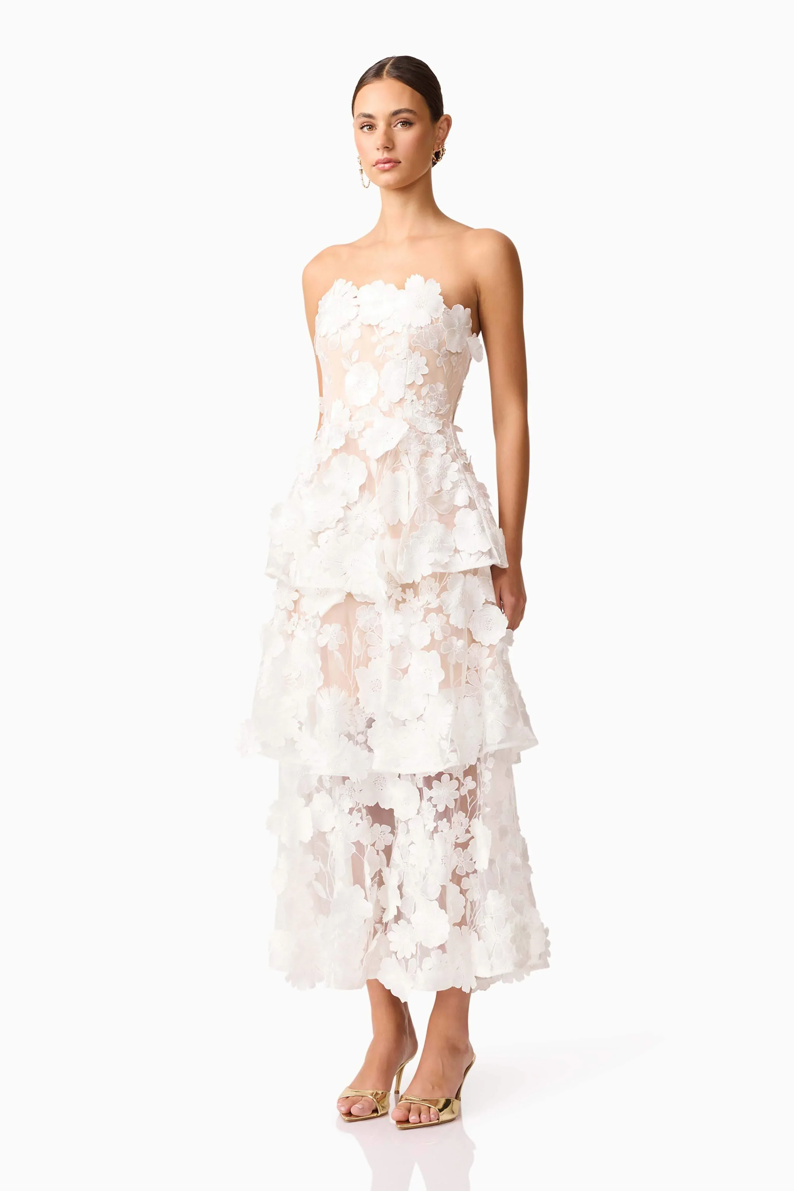 Selene Maxi Tiered 3D Dress in White - luluinthesky