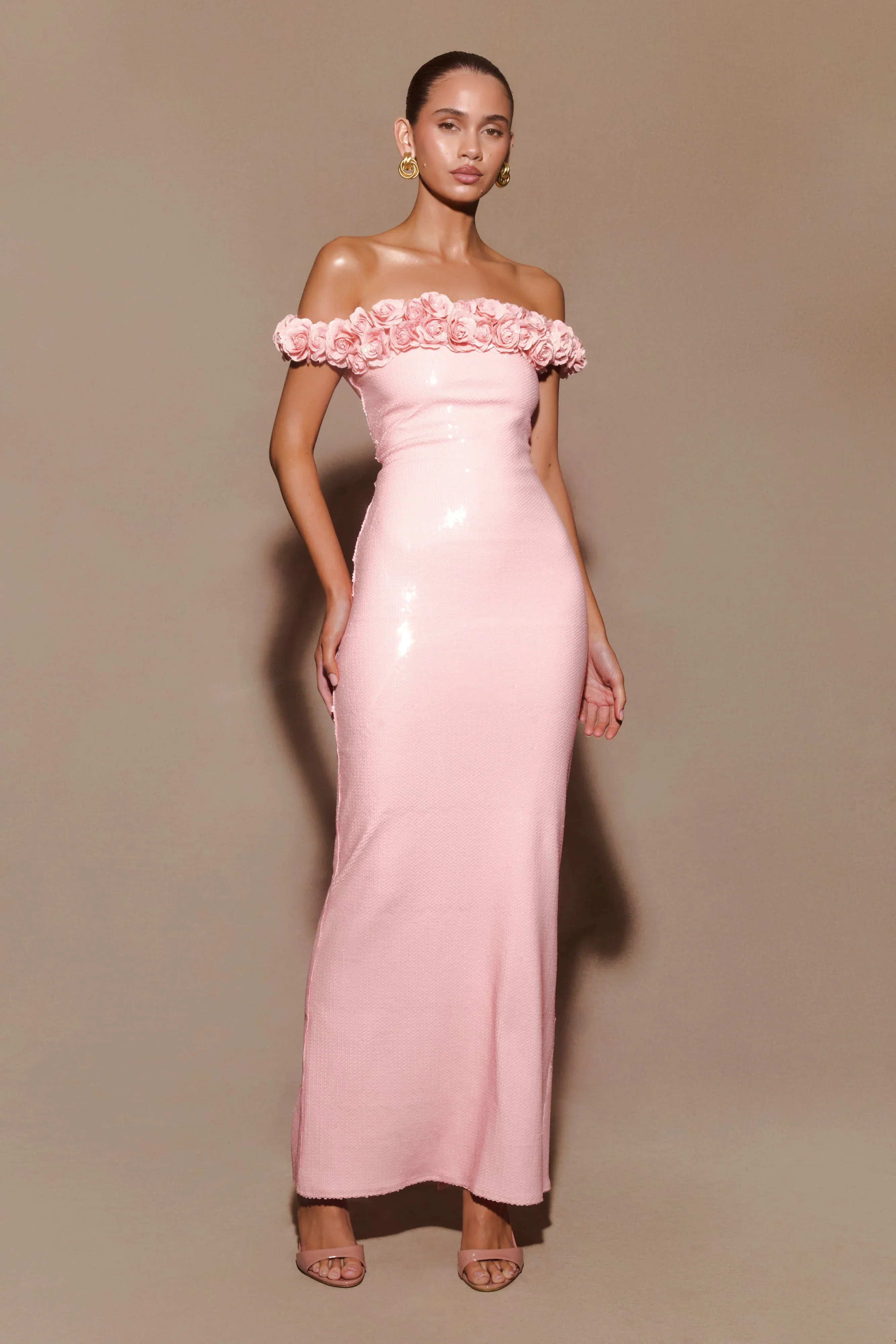 Carrie Sequin Rose Maxi Dress - Pale Pink - luluinthesky