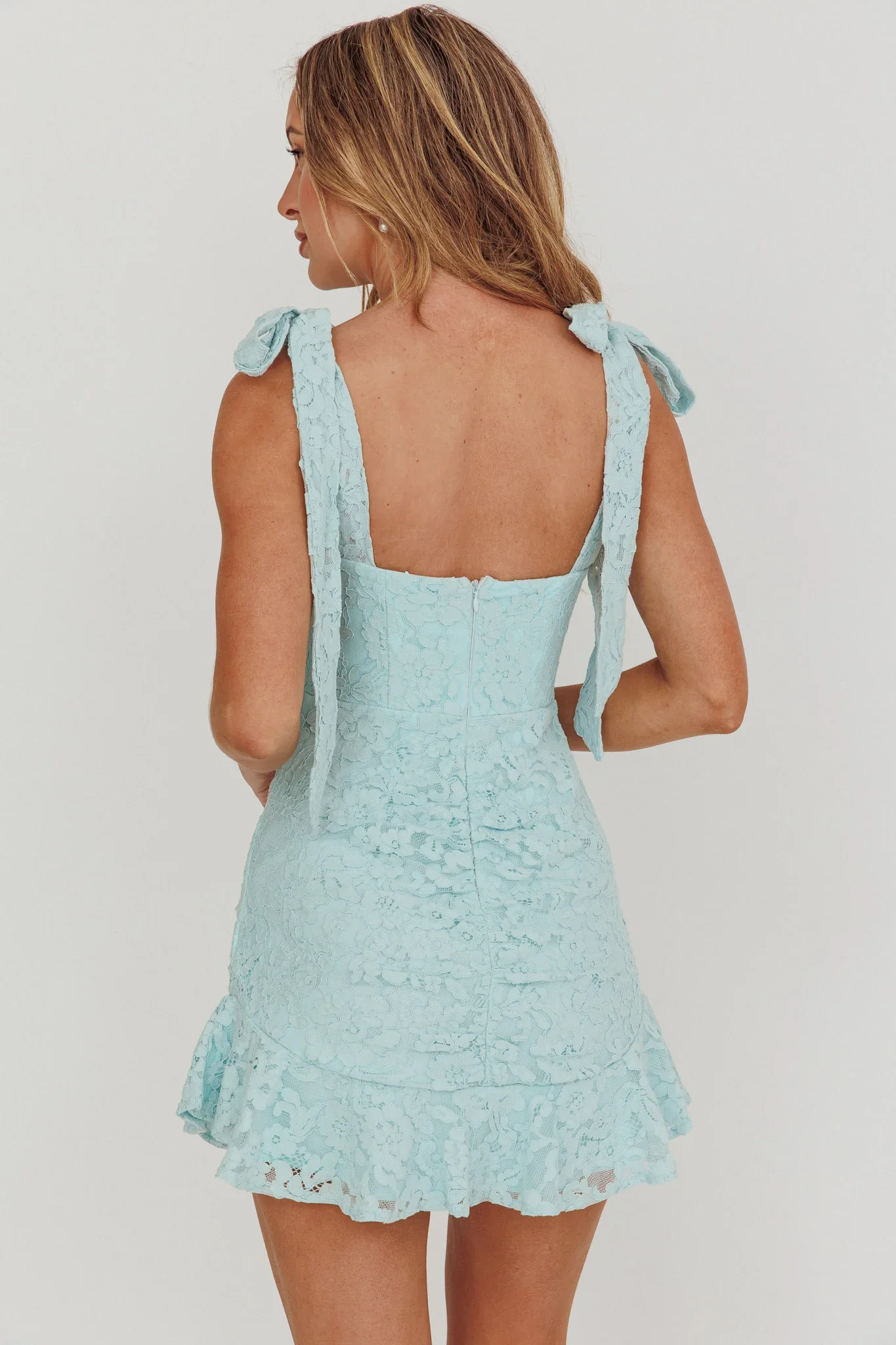 Neriah Tied Shoulder Lace Mini Dress Baby Blue - luluinthesky