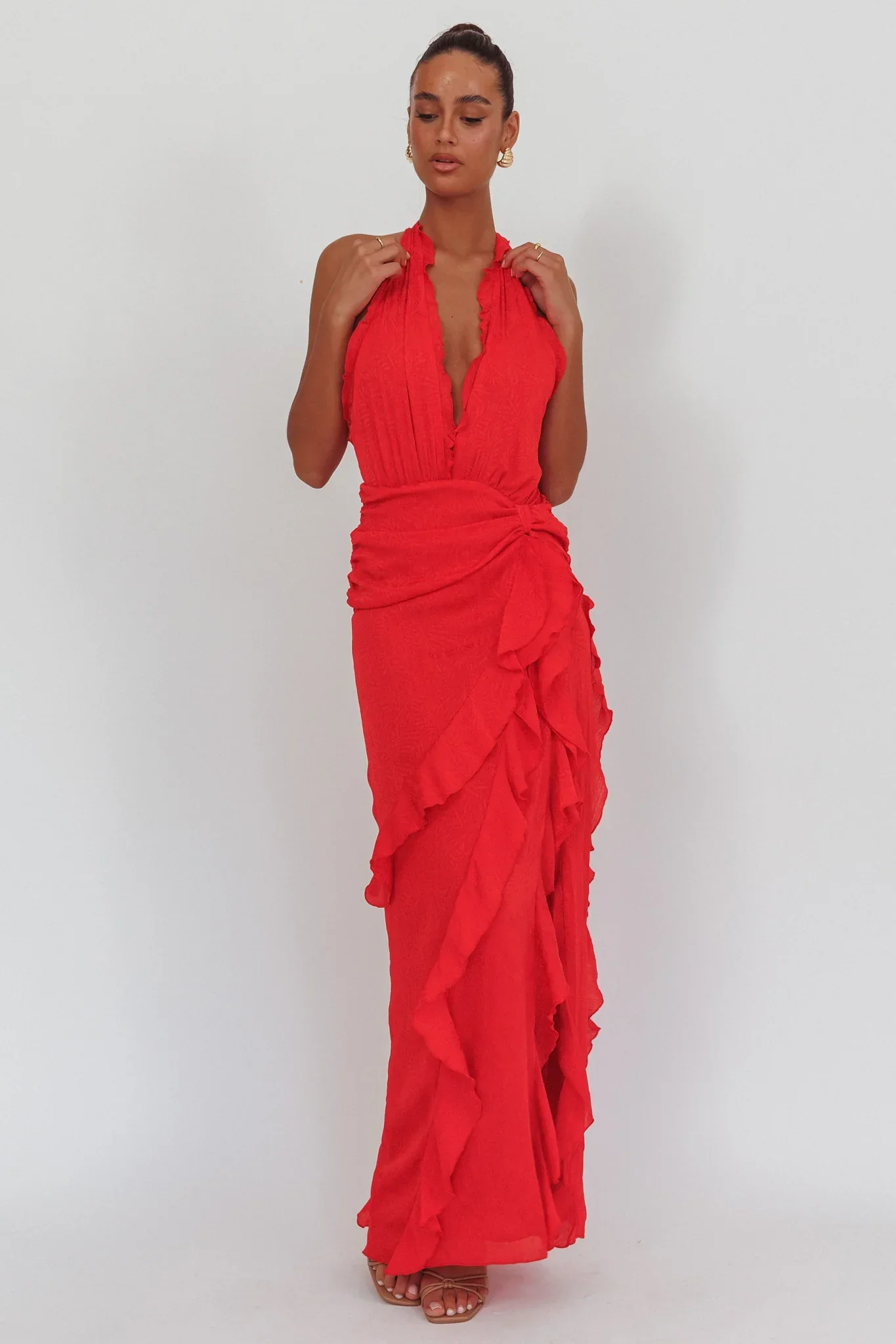 Libre Plunging Halter Ruffle Maxi Dress Red - luluinthesky