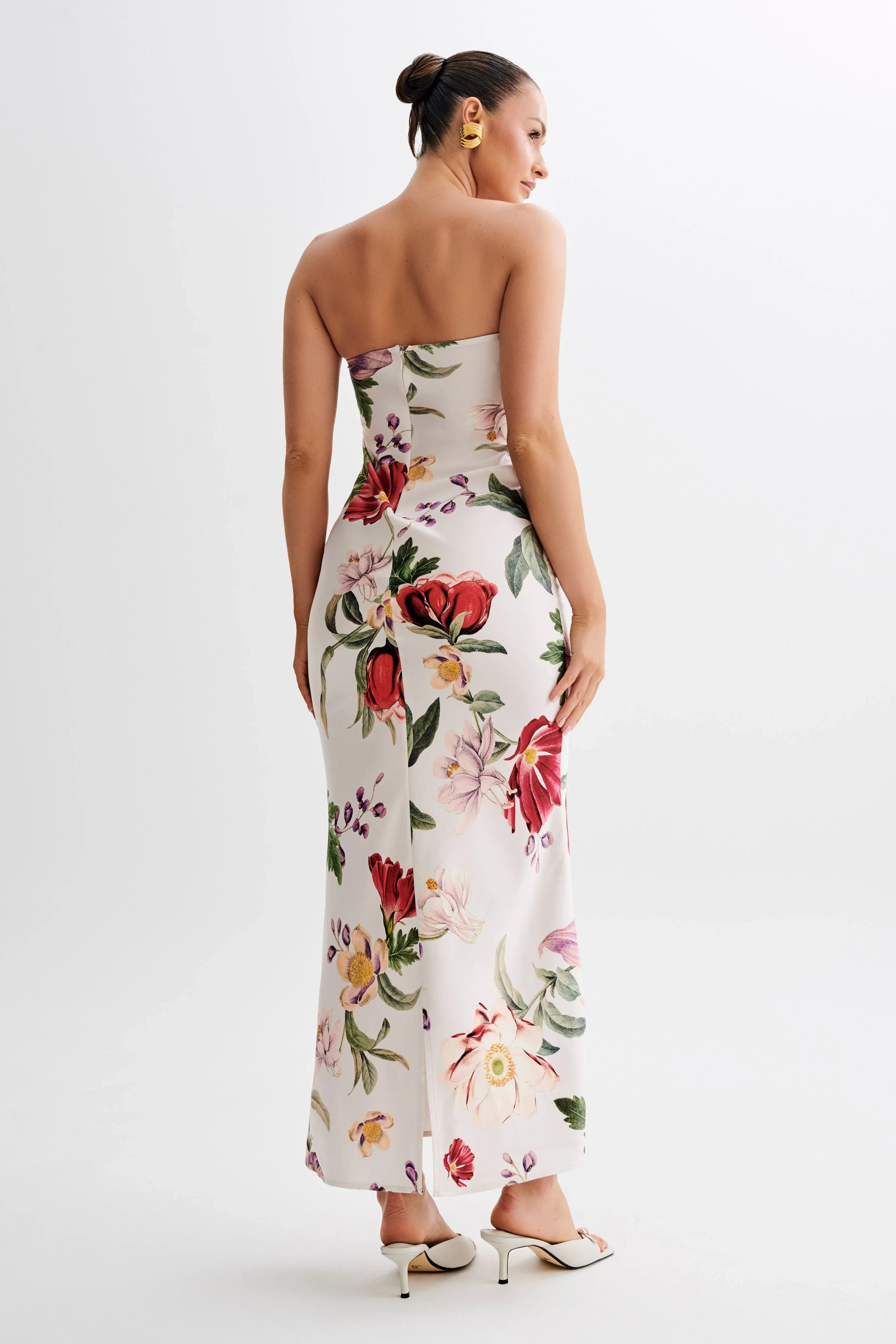 Claudette Strapless Satin Maxi Dress - Bella Rosa Print - luluinthesky