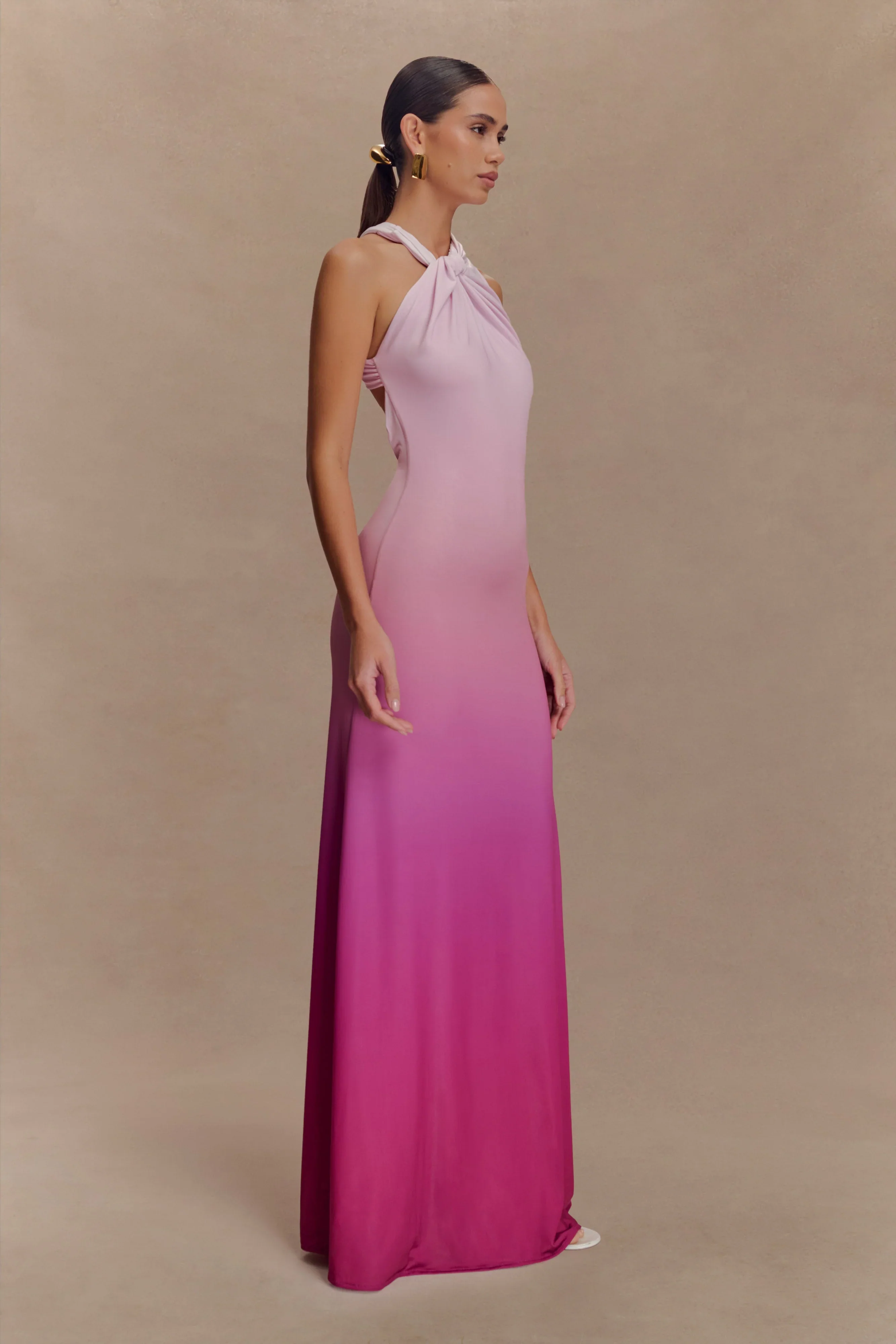 Marlee Asymmetrical Slinky Maxi Dress - Ombre Pink - luluinthesky