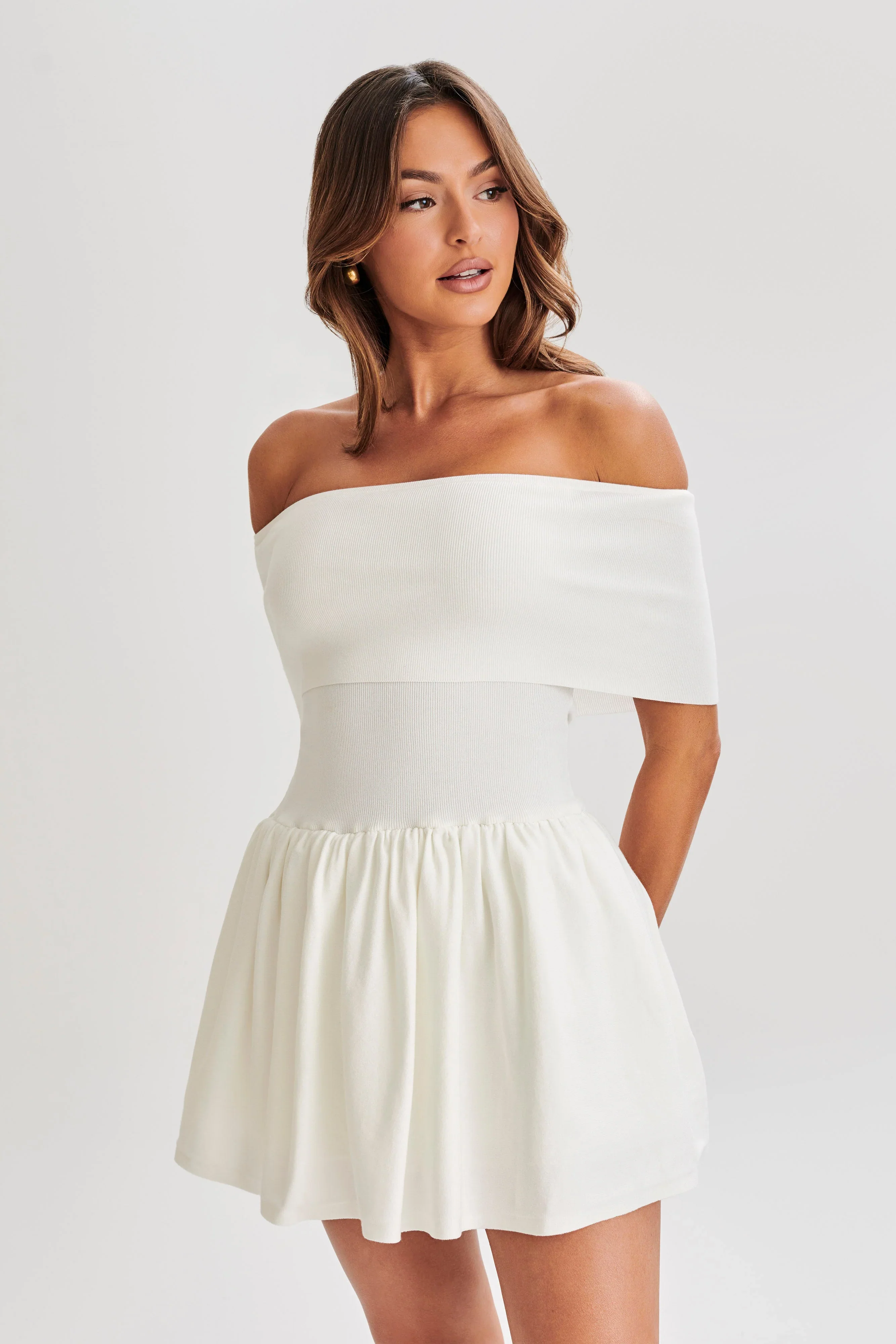 Lydia Off Shoulder Knit Mini Dress - White - luluinthesky