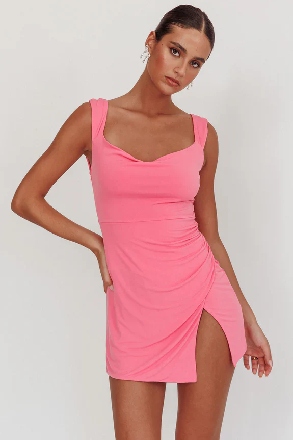 Giavanna Thigh Split Mini Dress Pink - luluinthesky