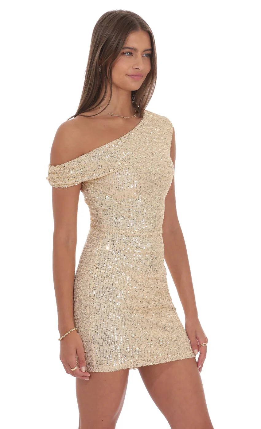Off Shoulder Sequin Bodycon Dress in Gold - luluinthesky
