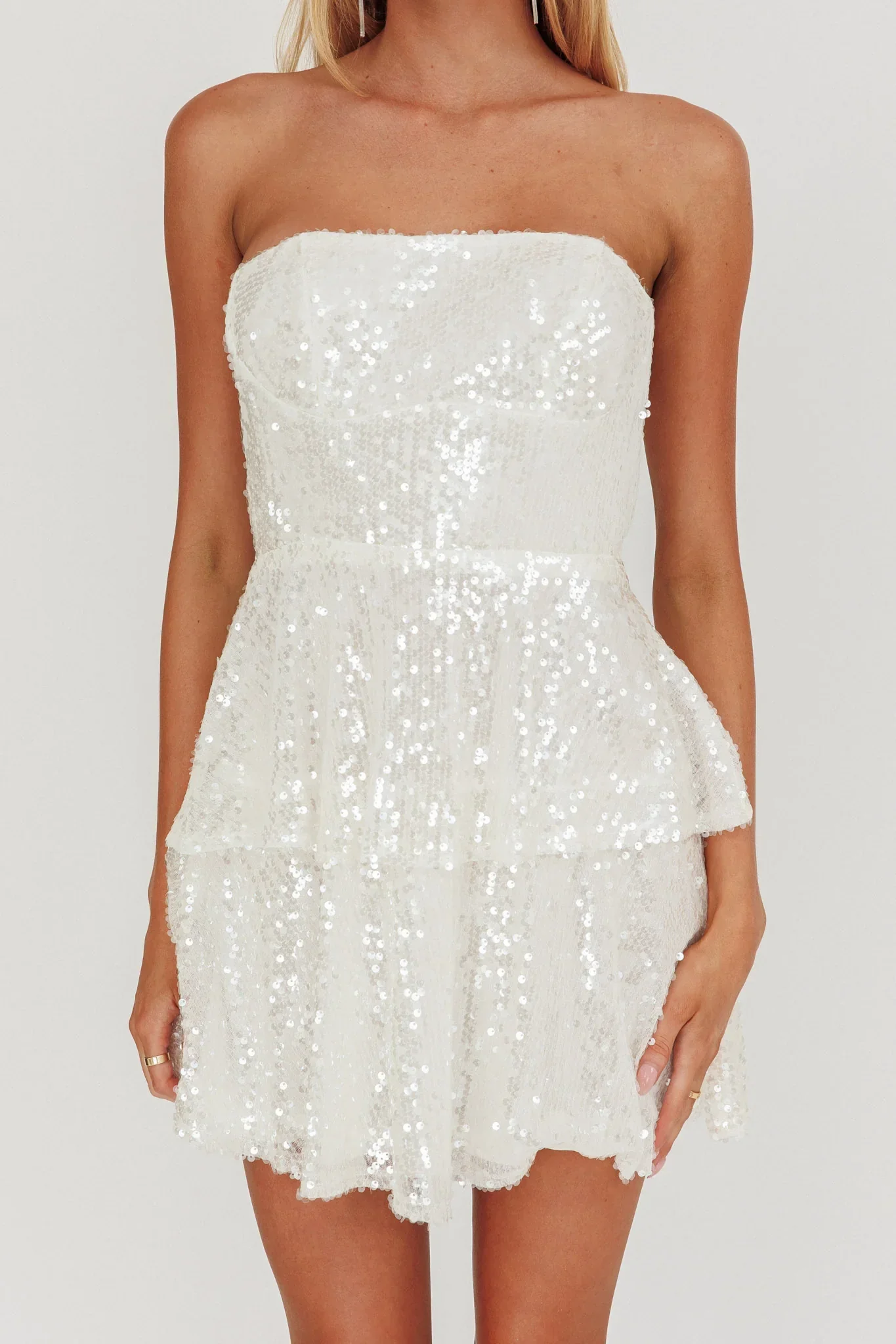 Provence Bloom Tiered Sequin Mini Dress White - luluinthesky
