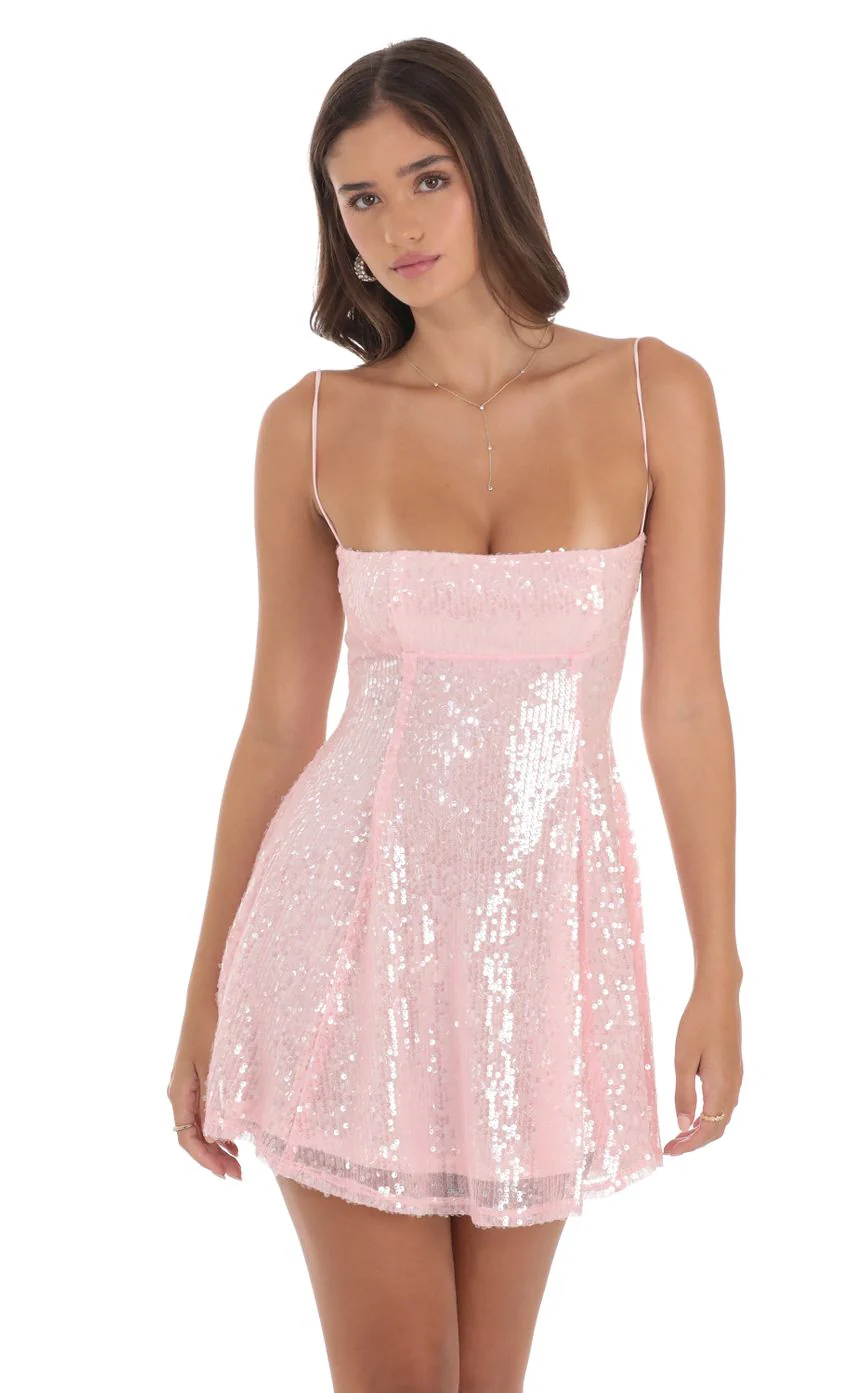 Iridescent Sequin Fit and Flare Dress in Pink - luluinthesky