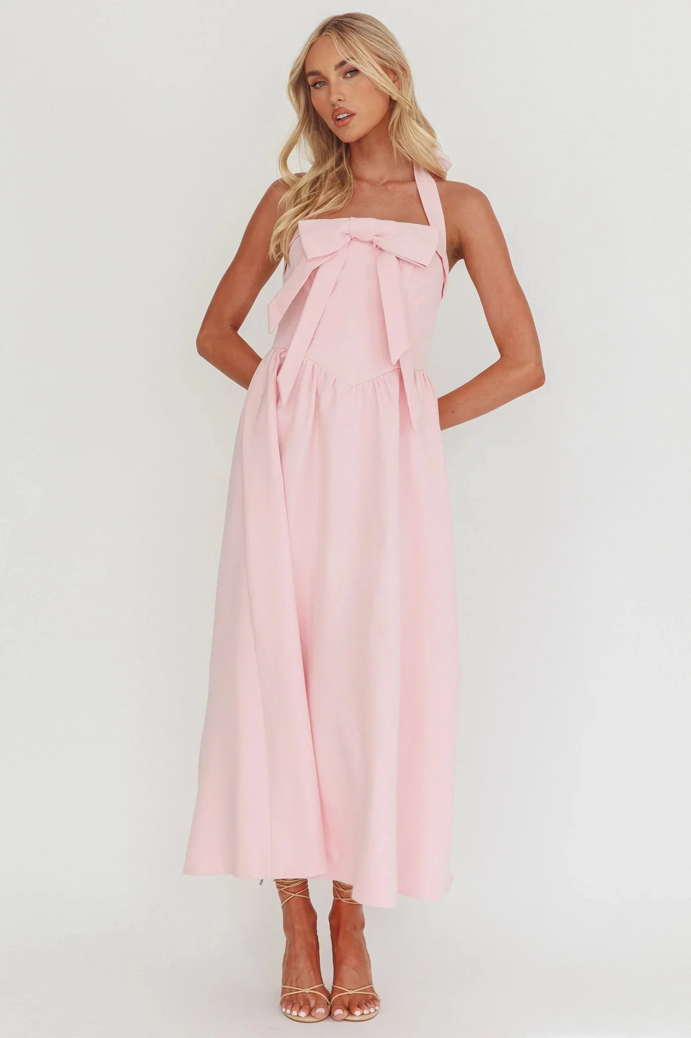 Ariarna Bow Halter Maxi Dress Pink Sorbet - luluinthesky