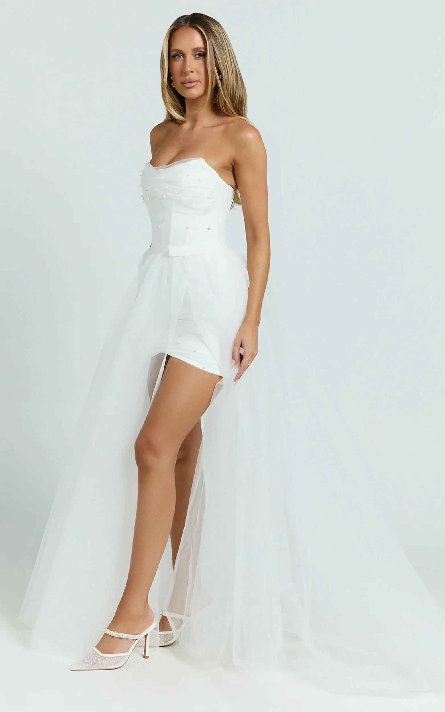 Kelsey Mini Dress Beaded Strapless Corset Panel Dress with Detachable Tulle Skirt in White - luluinthesky