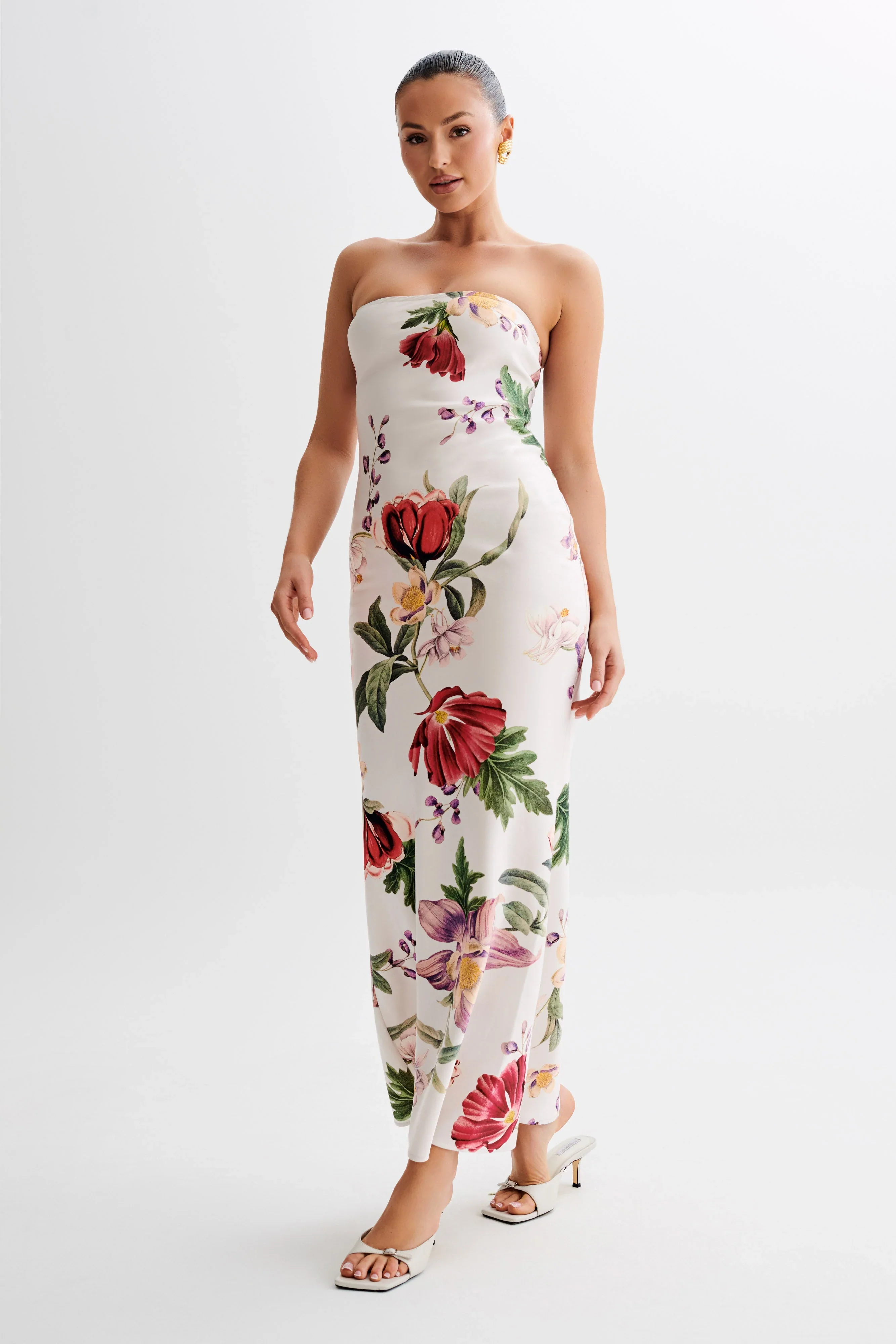 Claudette Strapless Satin Maxi Dress - Bella Rosa Print - luluinthesky