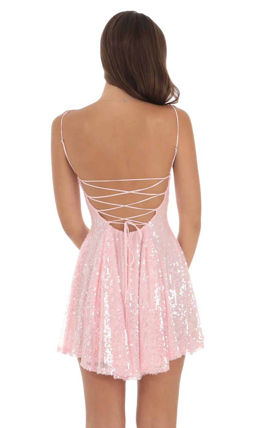 Iridescent Sequin Fit and Flare Dress in Pink - luluinthesky