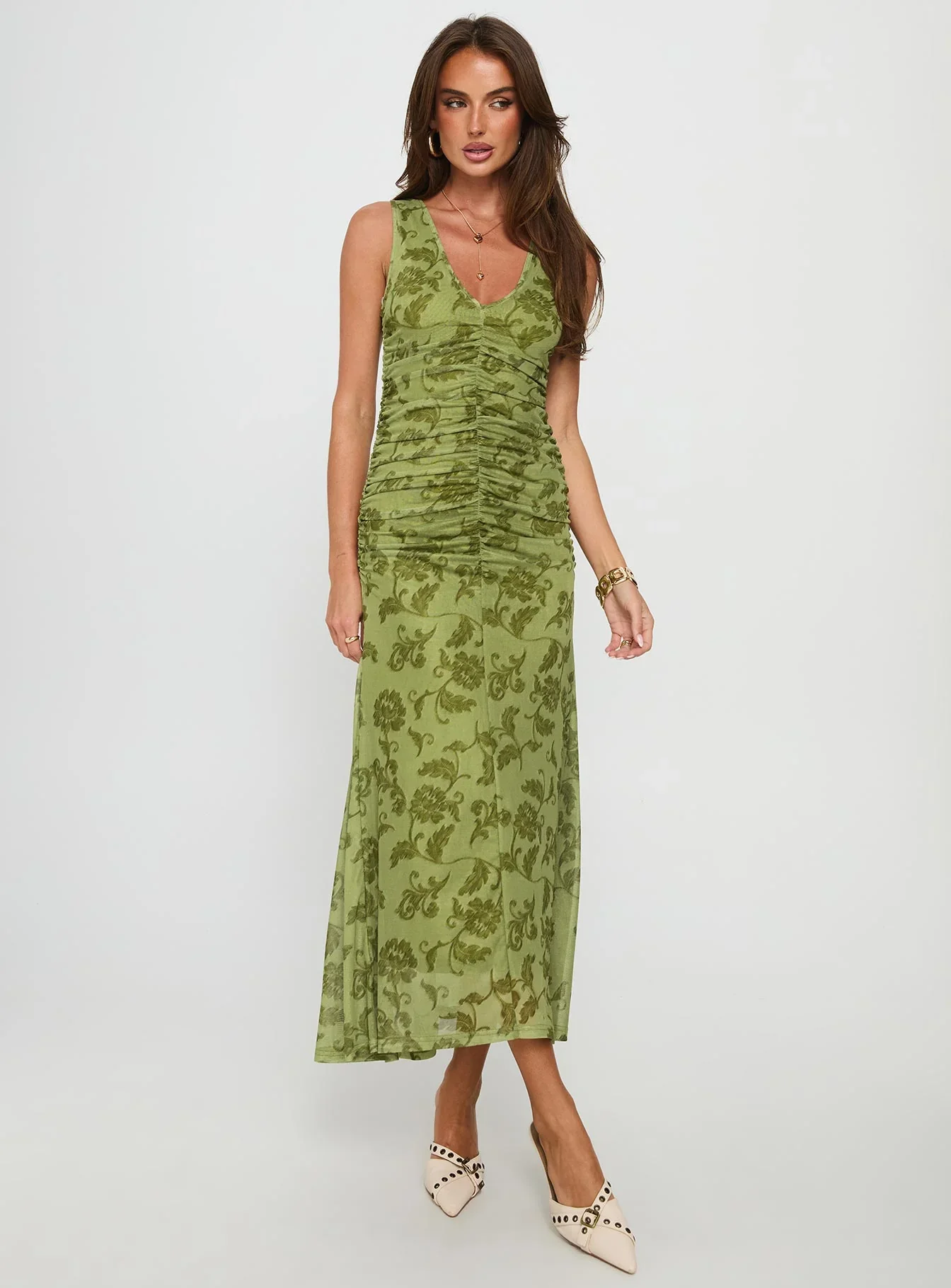 Stefanya Gathered Maxi Dress Green Floral - luluinthesky