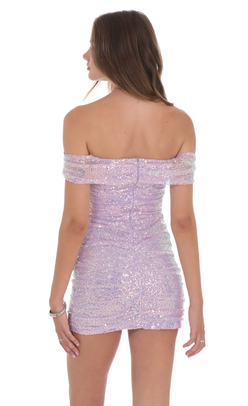 Iridescent Sequin Off Shoulder Dress in Lavender - luluinthesky