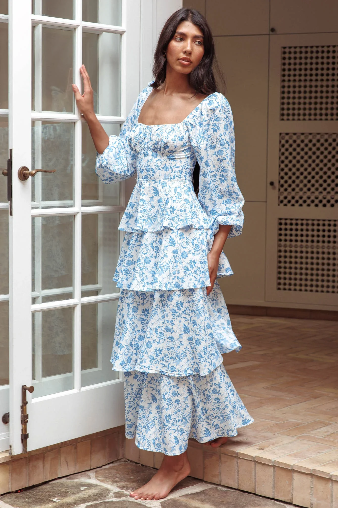 Provence Bloom Long Sleeve Maxi Dress Floral Blue - luluinthesky