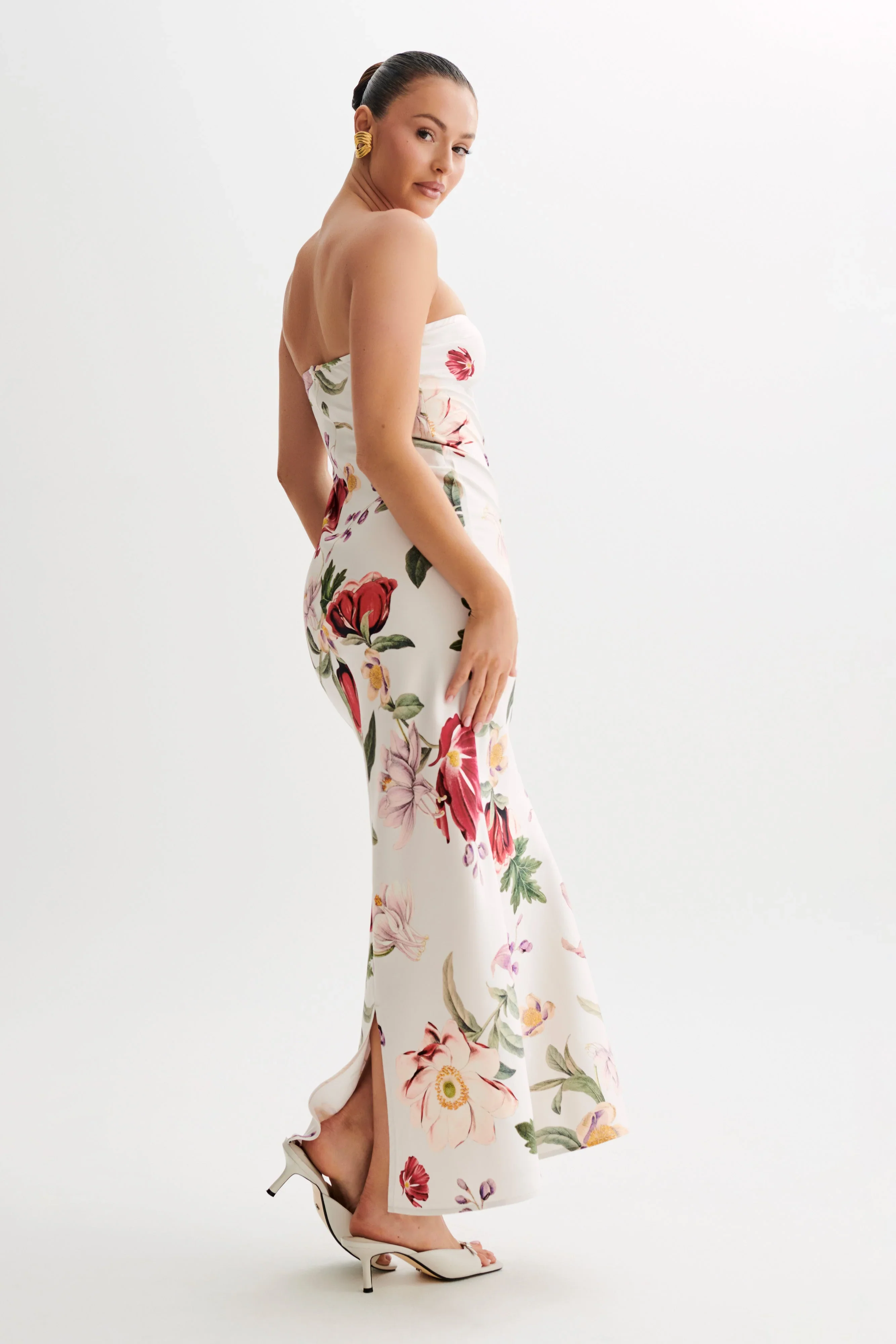 Claudette Strapless Satin Maxi Dress - Bella Rosa Print - luluinthesky