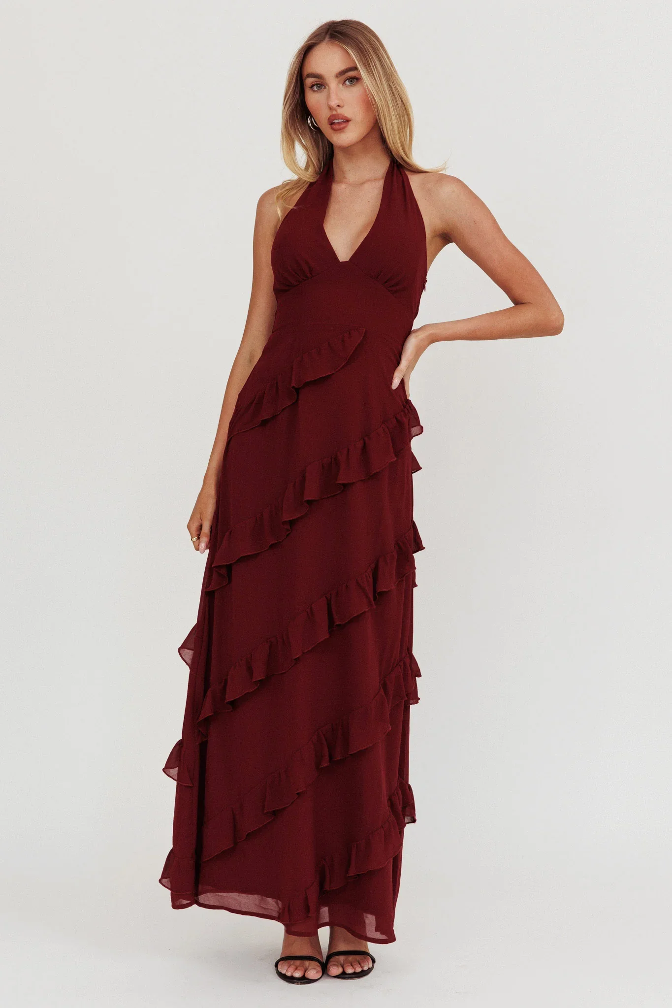 Flirt Frill Trim Halter Maxi Dress Wine - luluinthesky