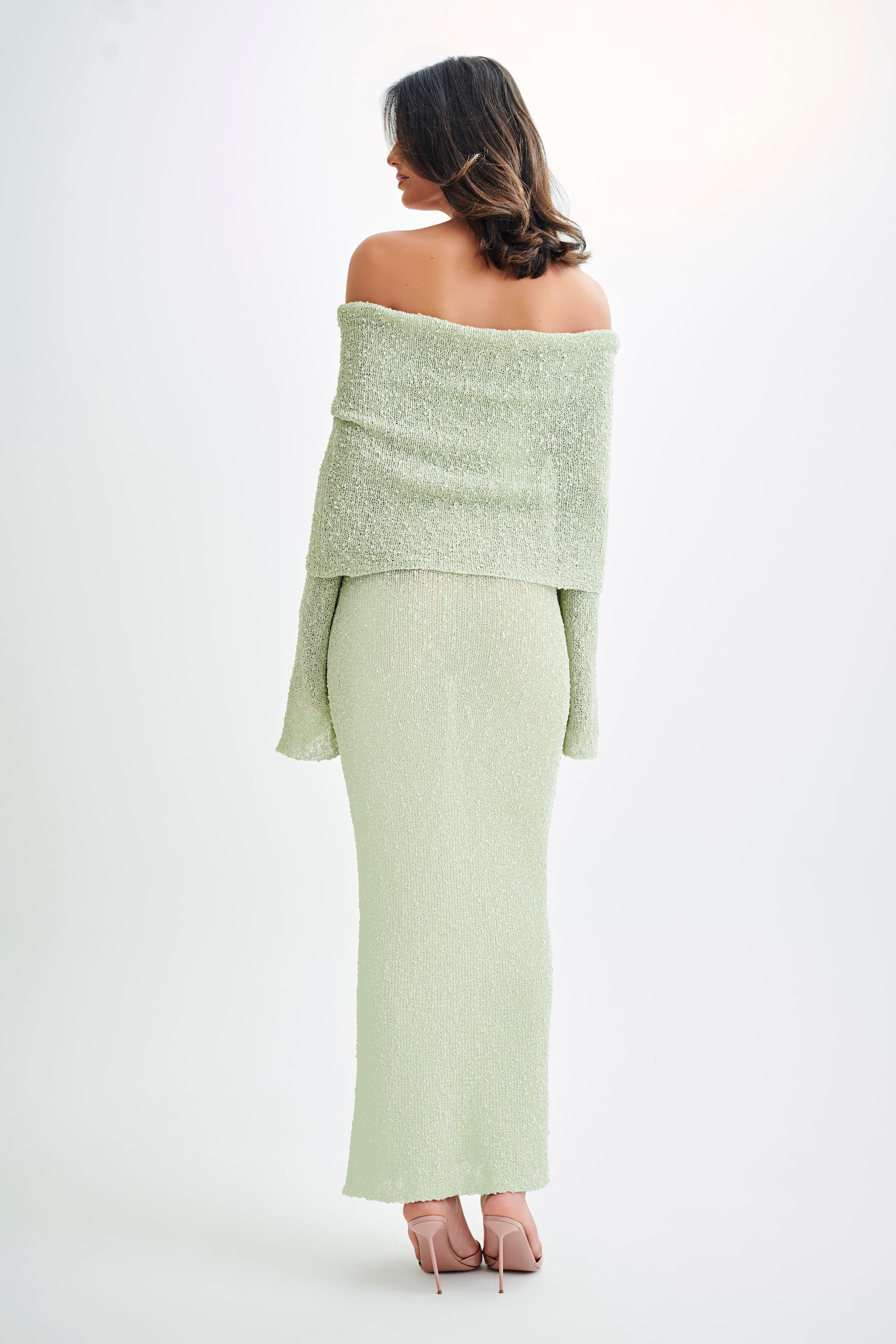 Marisol Off Shoulder Boucle Maxi Dress - Pastel Green - luluinthesky