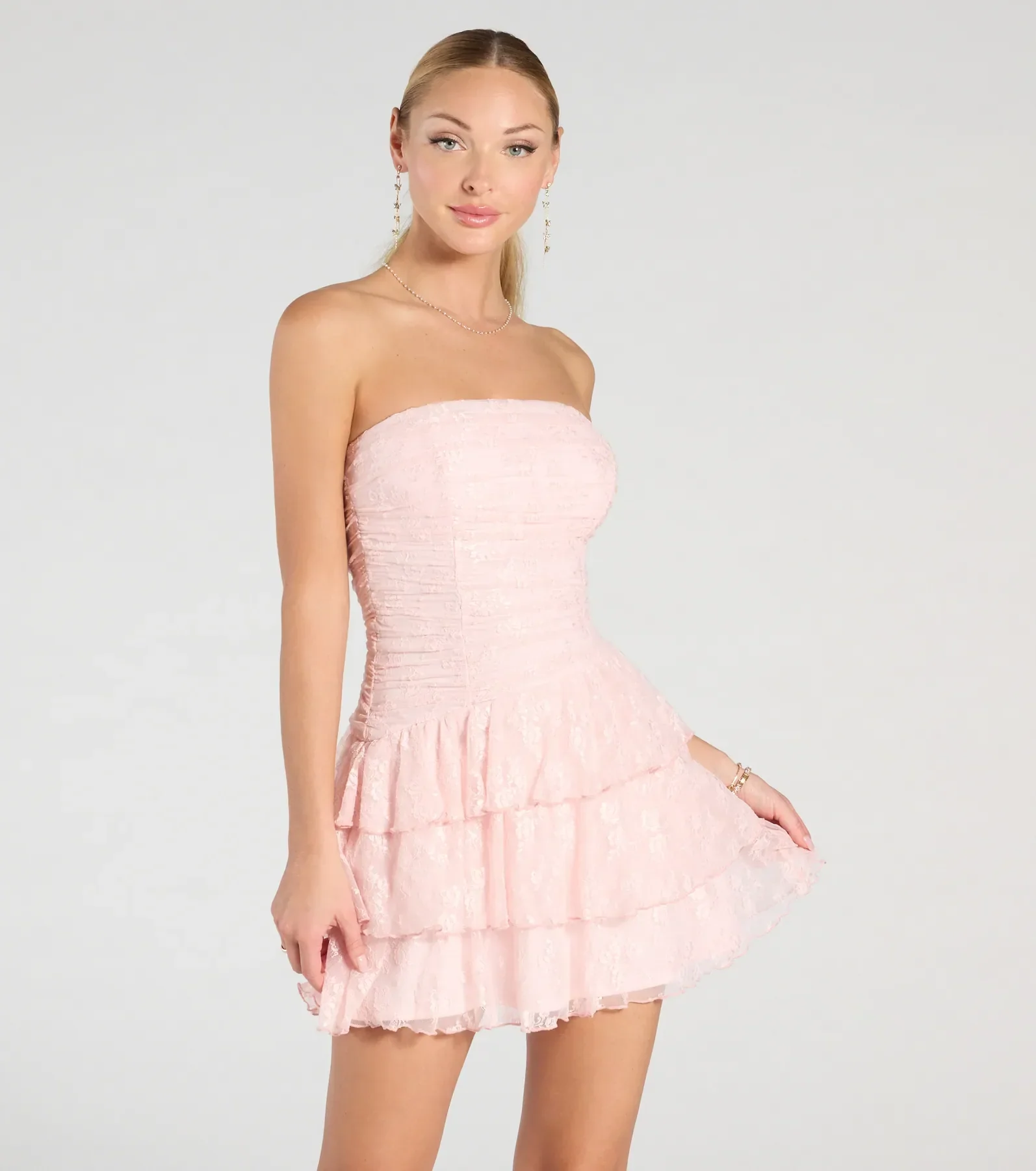 Lovely Nights Strapless Lace Ruffle Skater Dress - luluinthesky