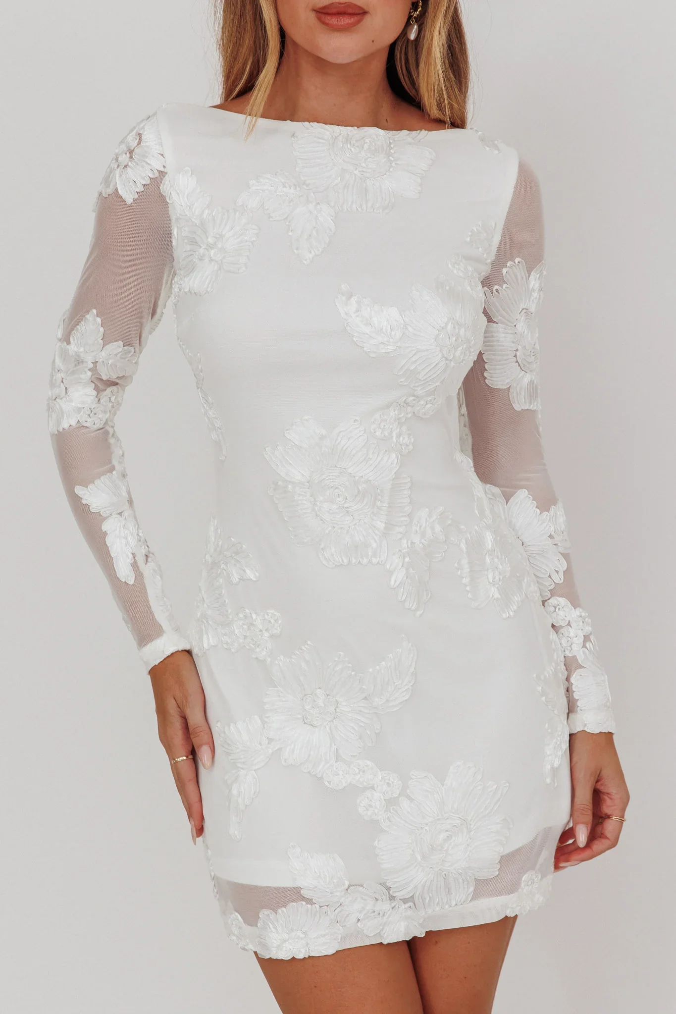 Karma Long Sleeve Scoop Back Dress Embellished White - luluinthesky