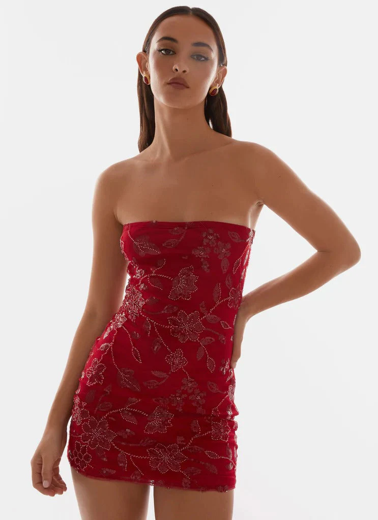 Moorey Beaded Mini Dress - Red - luluinthesky