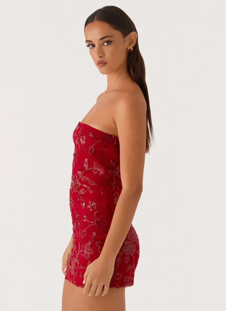 Moorey Beaded Mini Dress - Red - luluinthesky