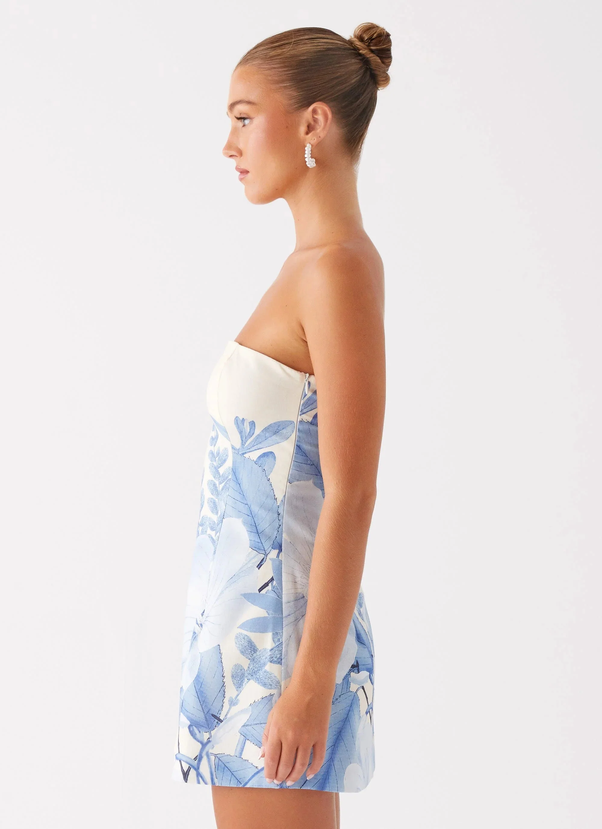 Denby Strapless Mini Dress - Blue Floral Print - luluinthesky