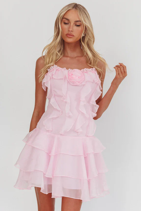Sweetest Things Frill Trim Rosette Mini Dress Pink - luluinthesky
