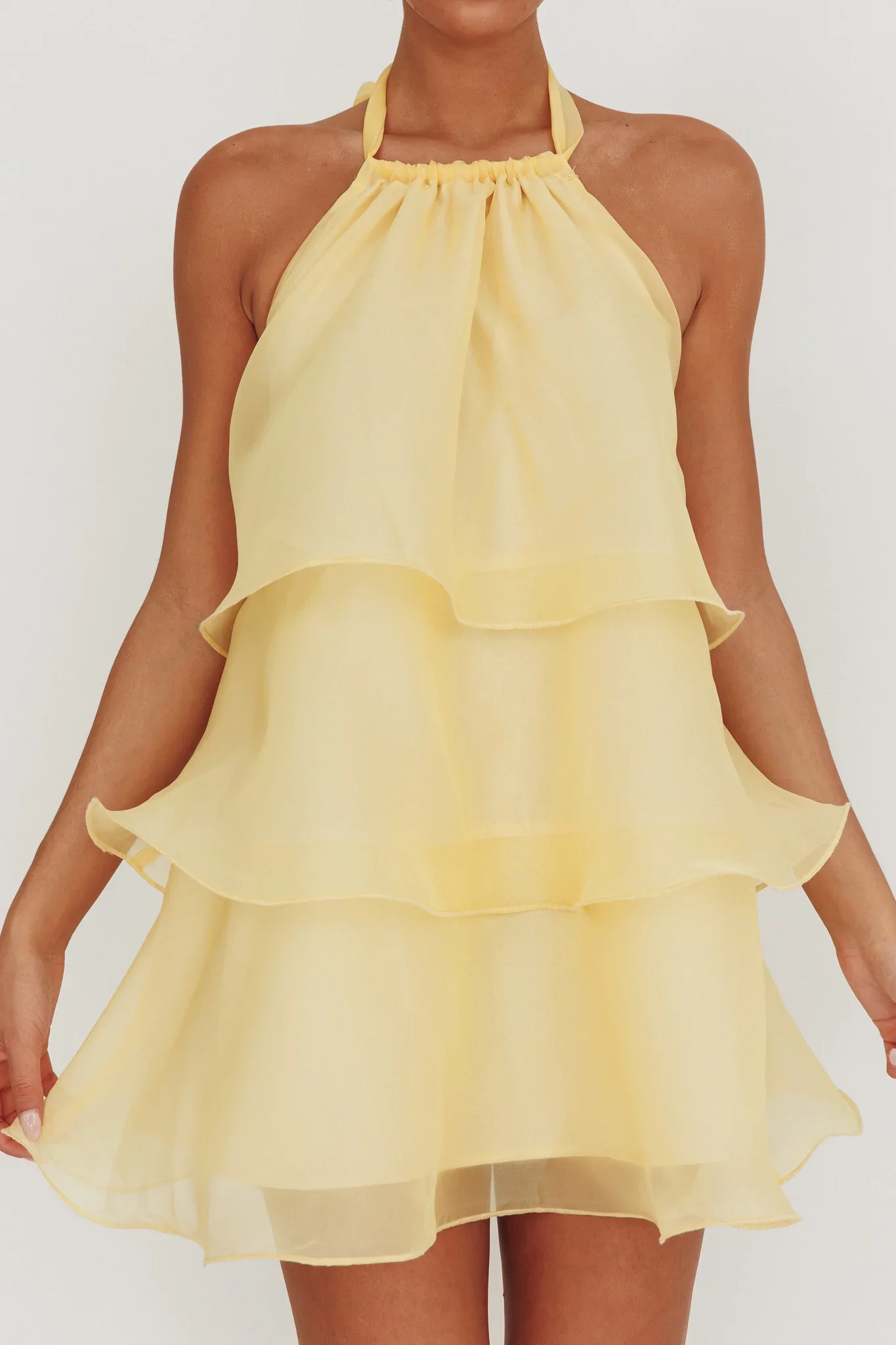 Tulips Tiered Halterneck Mini Dress Lemon - luluinthesky