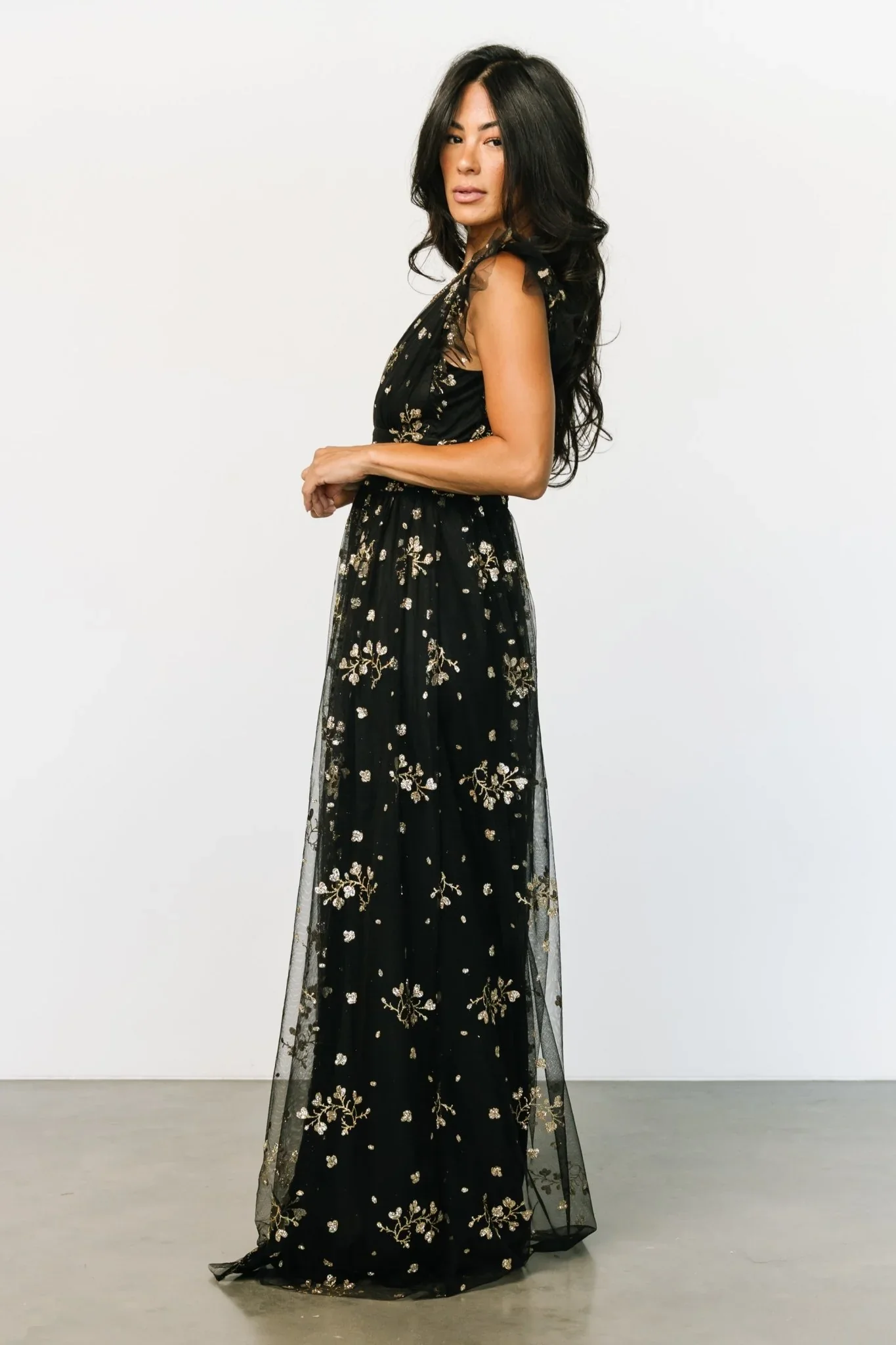 Natalia Floral Embellished Maxi Dress | Black + Gold - luluinthesky
