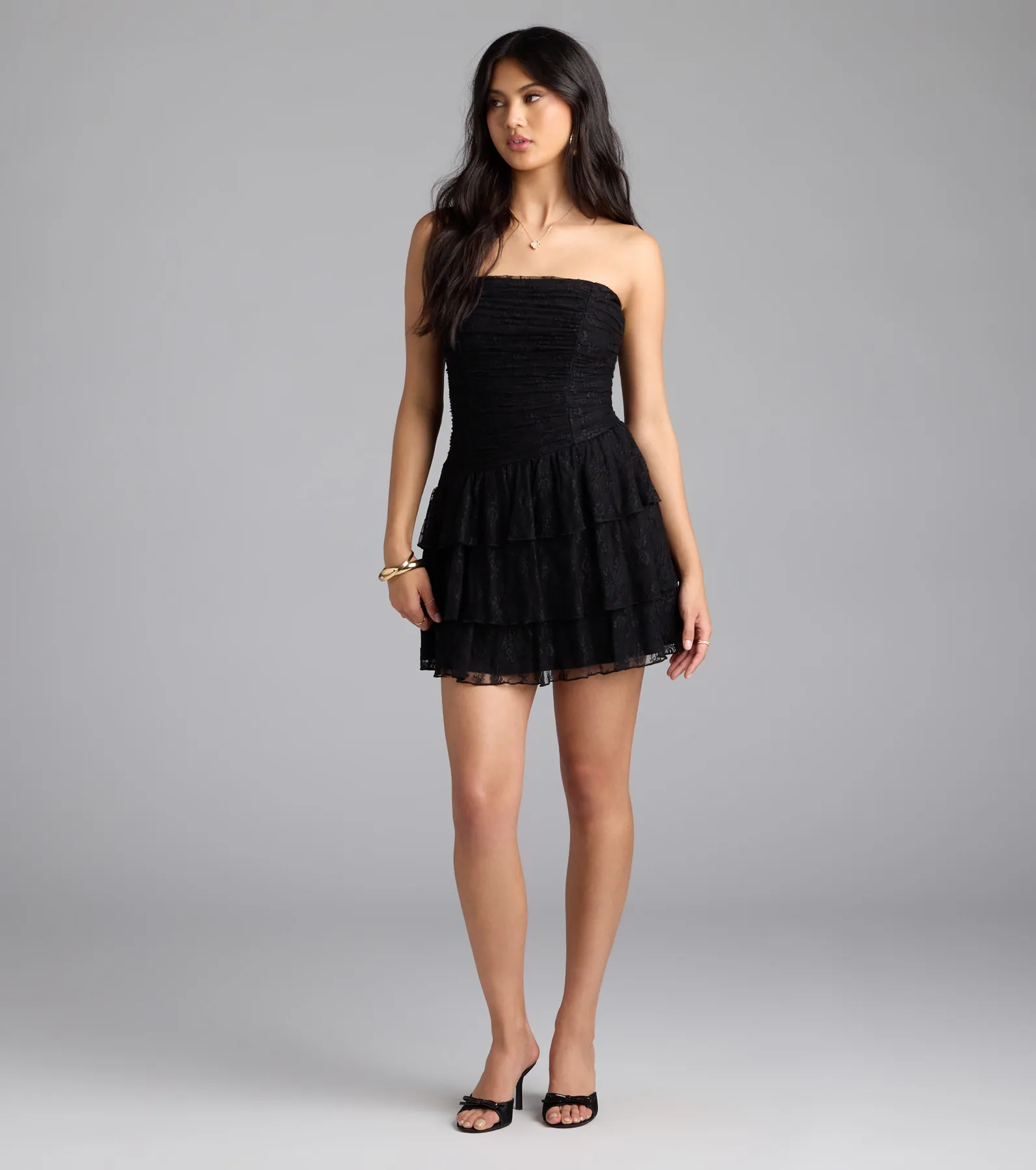 Lovely Nights Strapless Lace Ruffle Skater Dress - luluinthesky