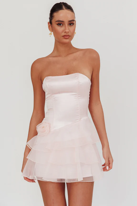 Bless Strapless Organza Ruffle Mini Dress Blush - luluinthesky