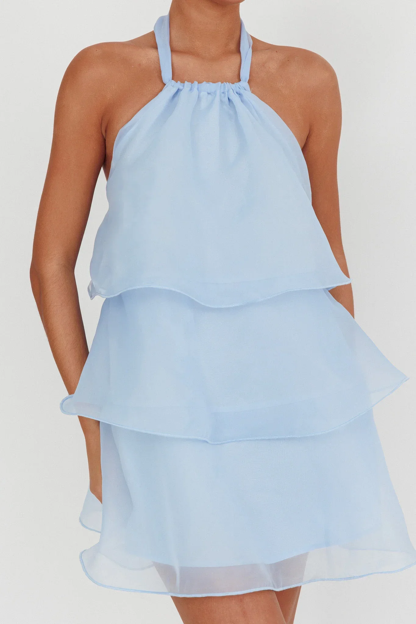 Tulips Tiered Halterneck Mini Dress Baby Blue - luluinthesky