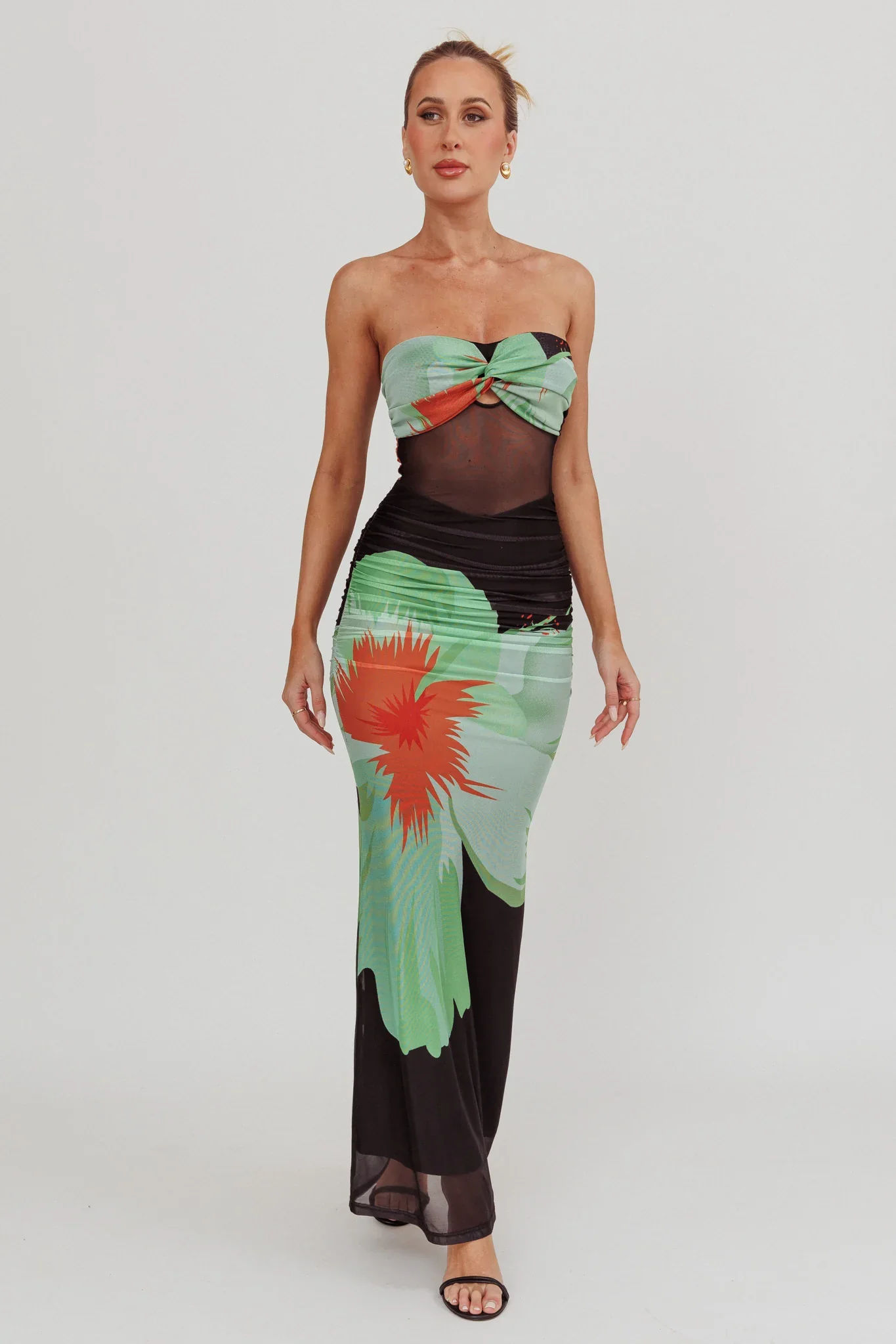 Oliana Sheer Waist Floral Maxi Dress Black - luluinthesky