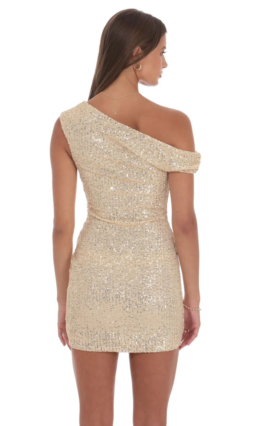 Off Shoulder Sequin Bodycon Dress in Gold - luluinthesky