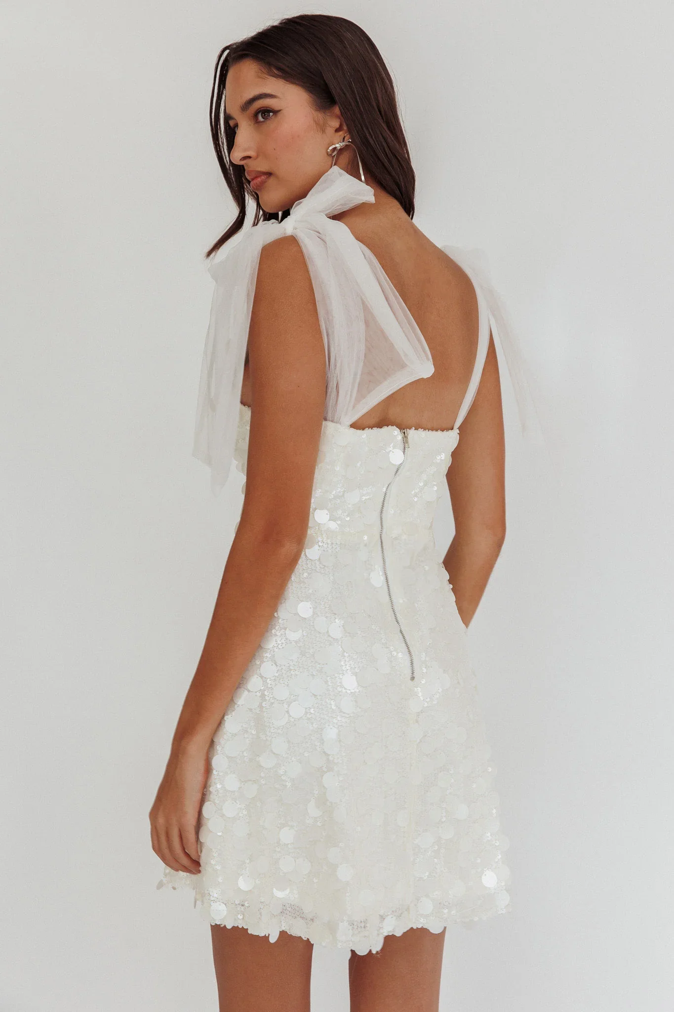 Mykonos Morning Tied Shoulder Sequin Mini Dress White - luluinthesky