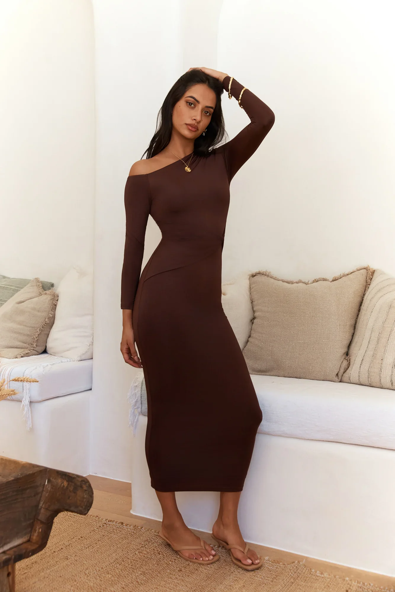 Winter Goddess Off Shoulder Long Sleeve Maxi Dress Brown - luluinthesky