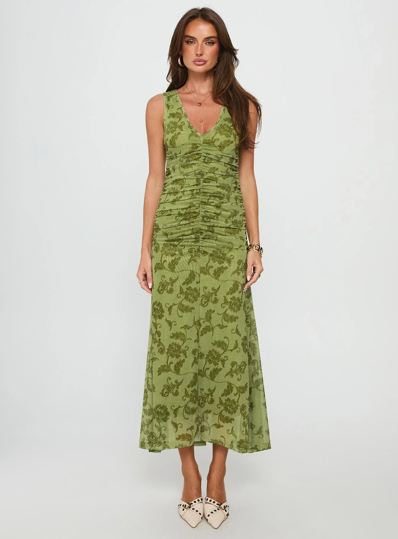 Stefanya Gathered Maxi Dress Green Floral - luluinthesky