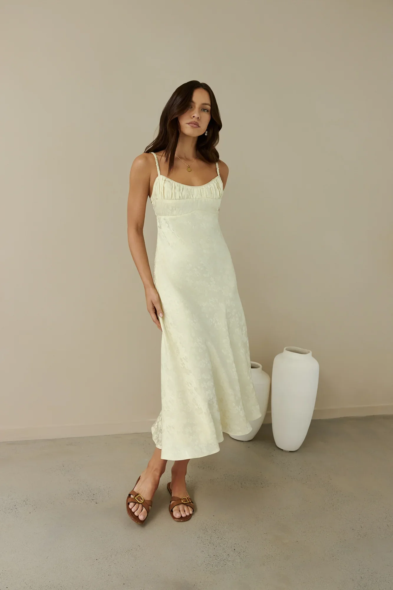 Kaiya Jacquard Satin Midi Dress Yellow - luluinthesky